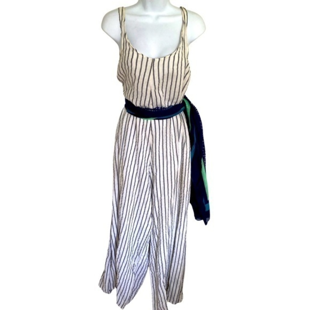 Martina Innocenti Linen Wideleg Jumpsuit - L white ,black ticking linen, Italy